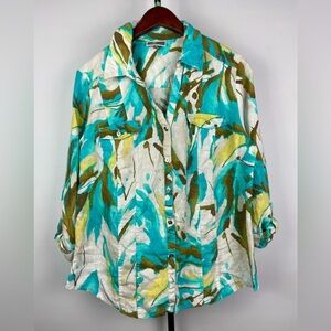JM Collection Multicolor Watercolor 100% Linen Roll Tab 3/4 Sleeve Button Up Top
